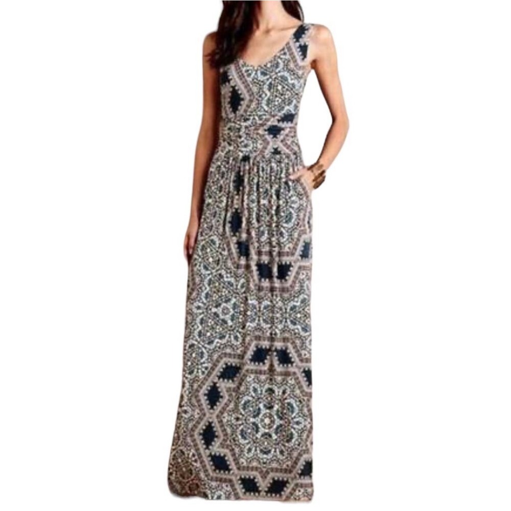 Anthropologie Geometric Mosaic Print Sleeveless V-Neck Maxi Dress with Pockets
